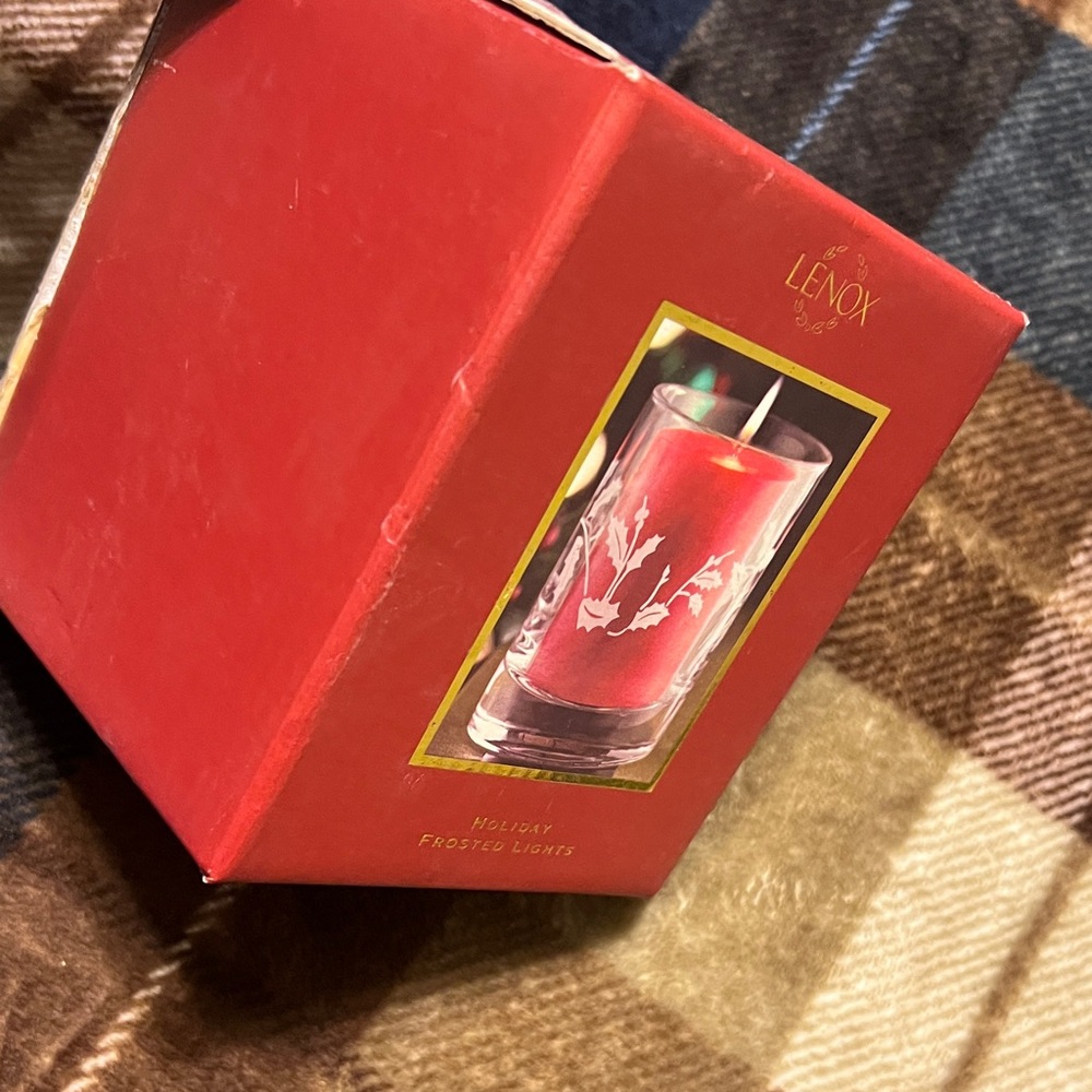 Lenox Holiday Frosted Red pillar Candle and holder